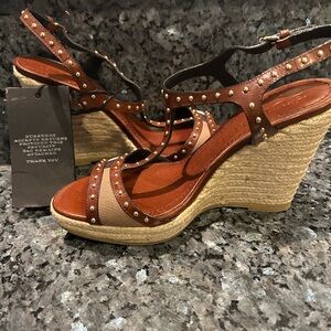NWT Luxury Burberry Sandals Women's size 6 Tan Brown gold embellish strap wedge